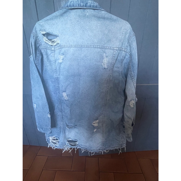 Denim Distressed Jacket Small Shacket Western Utility Grunge Y2K 90s Fall - Picture 2 of 6
